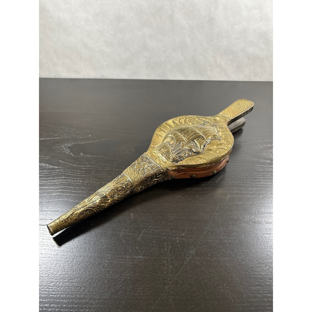 Vintage Embossed Brass Fireplace Bellows Sailing Ship Nautical Decor 14 Inch